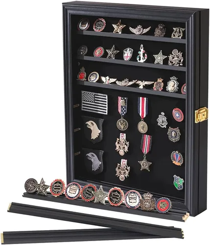 Vista 10 de Verani Vitrina de medallas – Caja de sombra de monedas de desafío militar – Vitrina de pines con estantes extraíbles y fondo pinable para insignias
