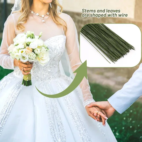 Vista 4 de Paleta Flexible Verde Calibre 18, 50 Piezas de Alambre para Tallo Floral Verde Oscuro, Tallos de Flores, Alambre Envuelto en Papel Floral