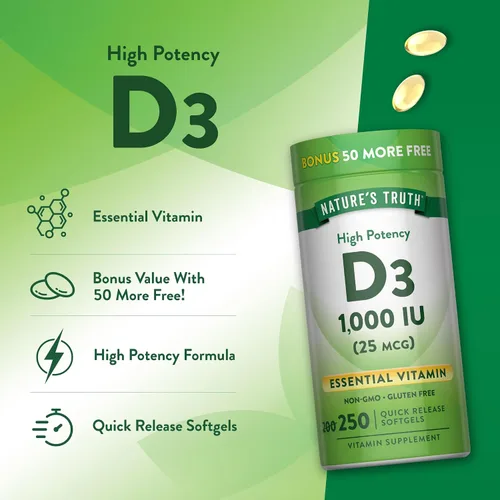 Vista 5 de Nature's Truth D3 1000 UI 250 cápsulas blandas Vitamina D esencial Suplemento sin OMG y sin gluten