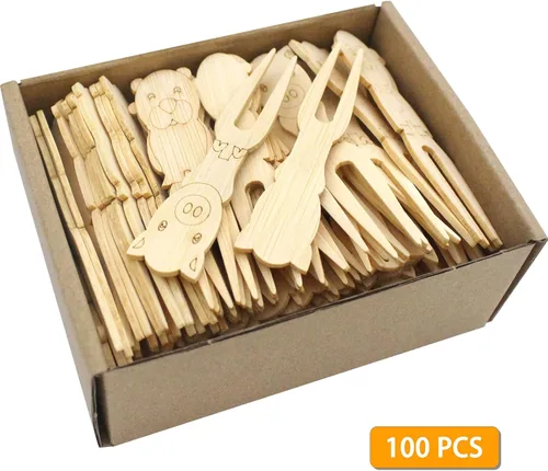 Vista 3 de BLUE TOP 100 piezas de lindos animales de alimentos para fiestas, mini tenedores de bambú de 3.5 pulgadas, palillos de comida de bambú