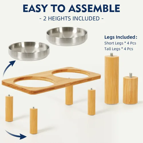 Vista 6 de DoogCat Cuencos elevados para gatos de interior – Mesa elevada de bambú para gatos con 2 platos de acero inoxidable, altura ajustable