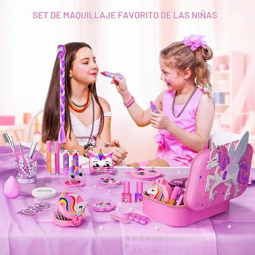 Vista 2 de Beayuck Kit de maquillaje infantil para niñas, kit de maquillaje para niñas, juego de cosméticos lavables reales con estuche de almacenamiento Rosa