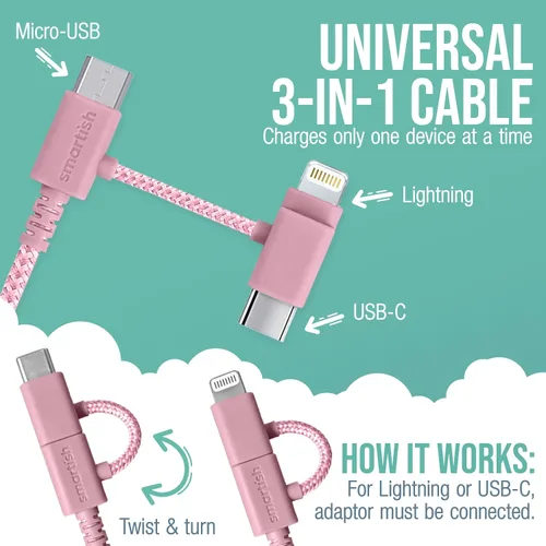 Vista 2 de Smartish Cable USB-C/Lightning 17/16/16e/15/14 - Crown Joule - Cable de carga universal de 6 pies con micro USB - Certificado MFi