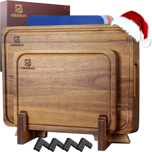 Vista 10 de Piklohas Juego de 4 tablas de cortar grandes de bambú para cocina, tabla de charcutería de bambú con soporte antideslizante, bandeja para servir