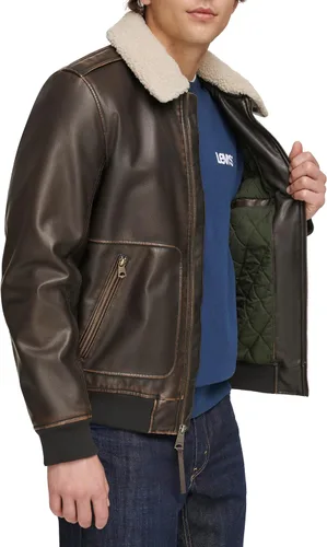 Vista 5 de Levi's Men's Faux Leather Aviator Bomber Jacket With Sherpa Collar