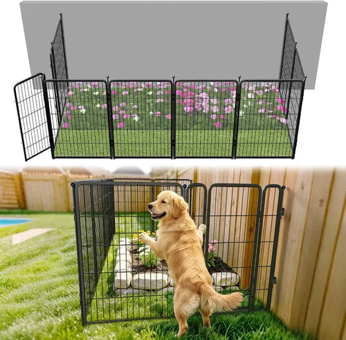 Vista 8 de FXW Valla de jardín al aire libre para el patio, 17 pulgadas de alto x 29.3 pies de largo, barrera de metal resistente para animales, para perros