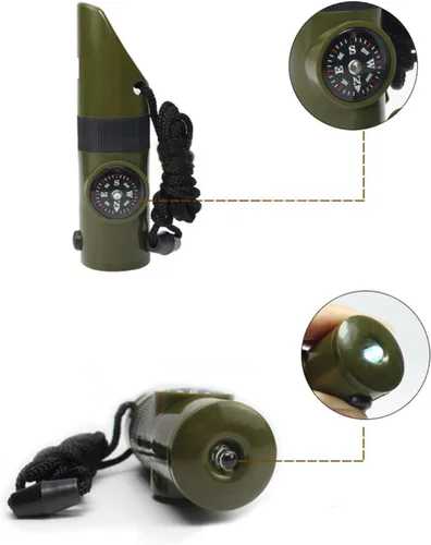 Vista 5 de TrendBox Multifuncional 7 en 1 camping senderismo silbato al aire libre con brújula lupa linterna LED termómetro para supervivencia de emergencia