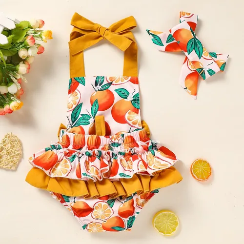 Vista 5 de GRNSHTS Mameluco con volantes para bebés y niñas pequeñas, sin mangas, cuello halter, ropa de verano con diadema