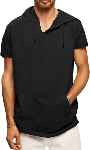 Vista 6 de Camiseta deportiva con capucha para hombre, manga corta, con cordón, con capucha, fitness, entrenamiento, culturismo, musculación