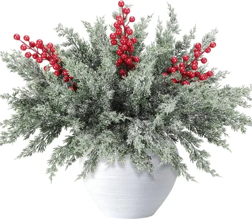 Vista 10 de Paquete de 15 ramas de pino de Norfolk de Navidad, tallo de bayas rojas Un