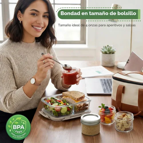 Vista 7 de Paquete de 8 frascos pequeños de vidrio con tapas, tarros pequeños de 4 onzas en relieve, tarro de conservas de boca regular con bandas de sellado