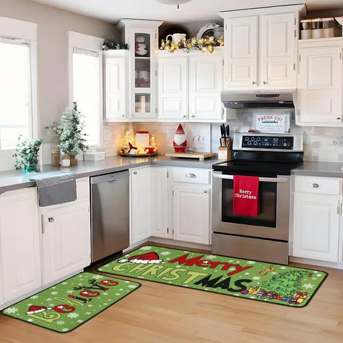 Vista 5 de Juego de 2 alfombras de cocina de Feliz Navidad, tapetes de cocina del Grinch para el suelo, decoración de cocina de Navidad, decoraciones festivas