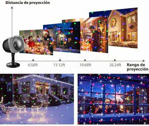 Vista 2 de Proyector de luces de nieve de Halloween, proyector de luz LED de Navidad FLEVO, luces de vacaciones al aire libre con lámpara giratoria