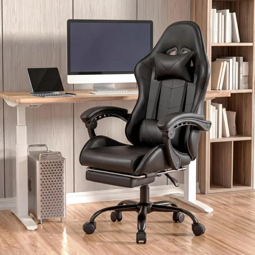 Vista 8 de Silla de juego, reposapiés ergonómico, lumbar y reposacabezas Negro
