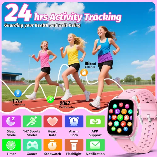 Vista 2 de Reloj para niños con 140 modos deportivos, rastreador de fitness para niños de 1.5 pulgadas, reloj inteligente para niñas, no requiere