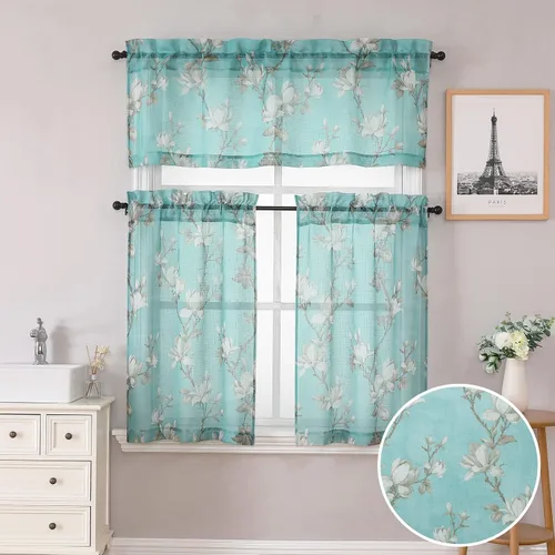 Vista 13 de SMILE WEAVER 2 paneles de cortinas traslúcidas turquesa de 45 pulgadas de largo, para sala de estar, cortinas semitransparentes florales