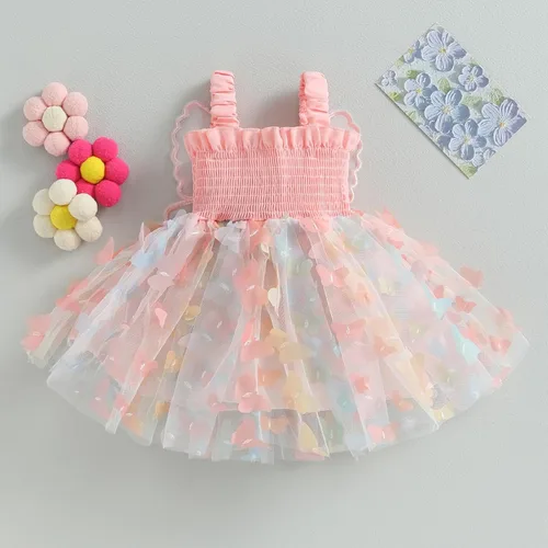 Vista 3 de Vestido de mameluco para bebé niña, sin mangas, espalda de mariposa, 3D, capas de mariposa, vestido formal de princesa para fiesta