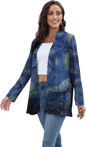 Vista 4 de YOPLANET Van Gogh - Camisa de regalo de noche estrellada larga frente abierto, cárdigan ligero para mujer, ropa de verano de manga larga