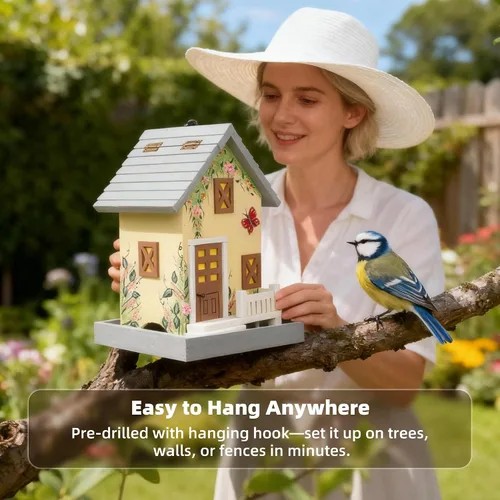 Vista 4 de MEWANG Comedero colgante para pájaros al aire libre, casa decorativa de madera para pájaros sin cámara para colibríes, cardenales y pájaros azules