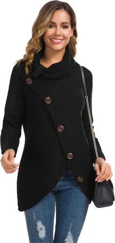 Vista 6 de GRECERELLE - Suéteres de cuello alto con cuello grueso, manga larga, dobladillo asimétrico, sueltos, de punto, para mujer, de otoño, S-2XL 02 negro