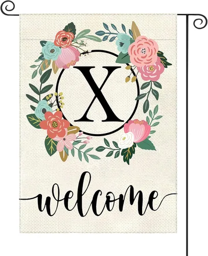 Vista 27 de Bandera de jardín con letra monograma, floral, 12 x 18 pulgadas, doble cara para exterior, pequeña de arpillera, familia, apellido, bandera inicial