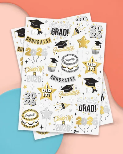 Vista 2 de xo, Fetti Tatuajes temporales de graduación 2026 – 48 estilos de aluminio Decoraciones de fiesta de graduación, accesorio para niñas graduadas