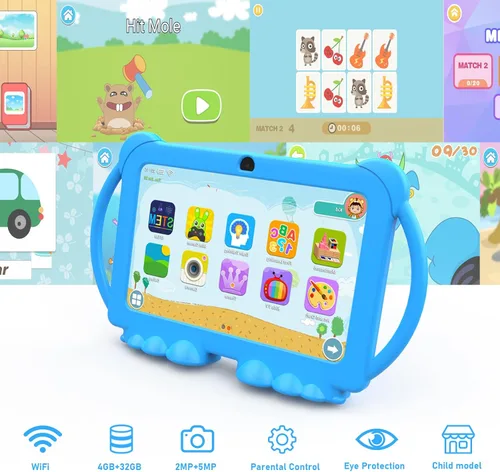 Vista 4 de Tablet Android 14 para niños, tablet de 7 pulgadas para niños, tablet para niños de 4 GB RAM 32 GB ROM con estuche, procesador Quad-core, pantalla