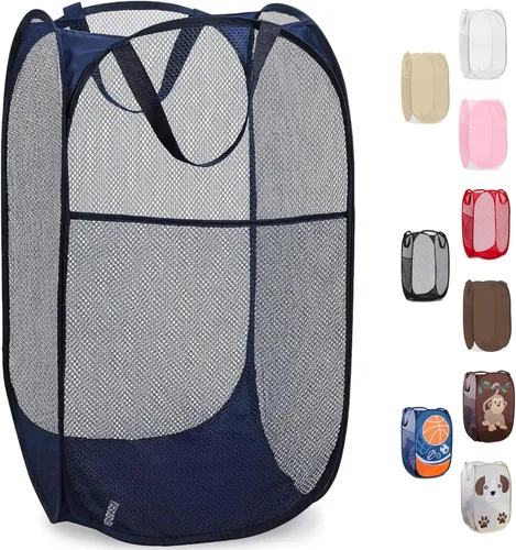 Vista 16 de Handy Laundry - Cesta de lavandería plegable de malla emergente con abertura ancha y bolsillo lateral - Diseño transpirable, resistente, plegable