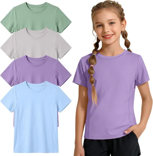 Vista 9 de Paquete de 4 camisetas atléticas de manga corta para niñas, de secado rápido, camisetas activas de verano con cuello redondo y ropa deportiva