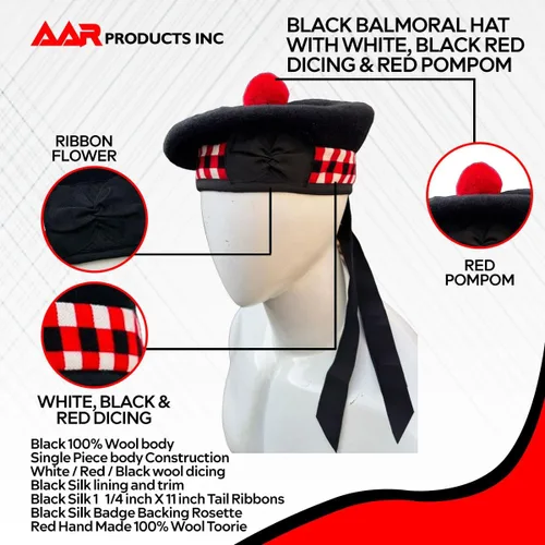 Vista 10 de AAR Gorros Glengarry Balmoral Kilt Scottish para hombre en dados y lisos 100% lana Piper 52-62
