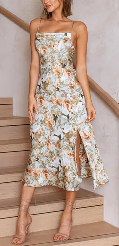 Vista 2 de Tsher Vestido de satén para mujer, tirantes delgados, cuello holgado, espalda descubierta, formal y largo por debajo de la rodilla, para fiesta