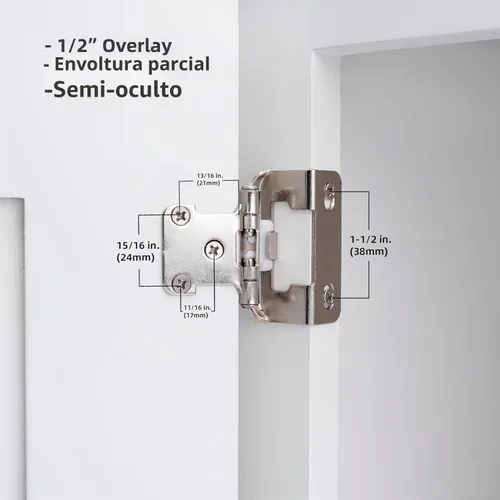 Vista 3 de Decobasics Paquete de 2 bisagras de gabinete de níquel cepillado superpuestas de 1/2 pulgada para puertas de gabinete (1 par), bisagras de marco