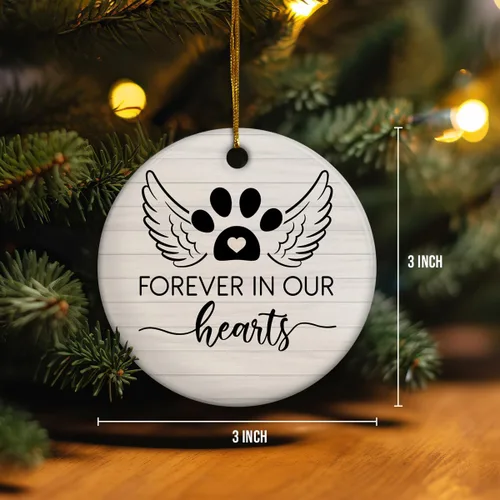 Vista 3 de Adorno conmemorativo personalizado para mascotas – Forever in Our Hearts Adornos de cerámica de Navidad de doble cara con imagen de foto, recuerdo