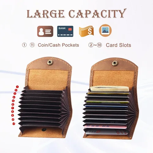 Vista 3 de Cartera de cuero genuino para tarjetas de crédito, organizador de tarjetas de crédito para mujeres y hombres, monedero pequeño llavero, Marrón