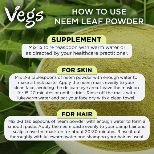 Vista 7 de Polvo orgánico de hoja de neem - Polvo de hojas de neem verde liofilizado - Apoya el crecimiento del cabello, la salud de la piel y el intestino