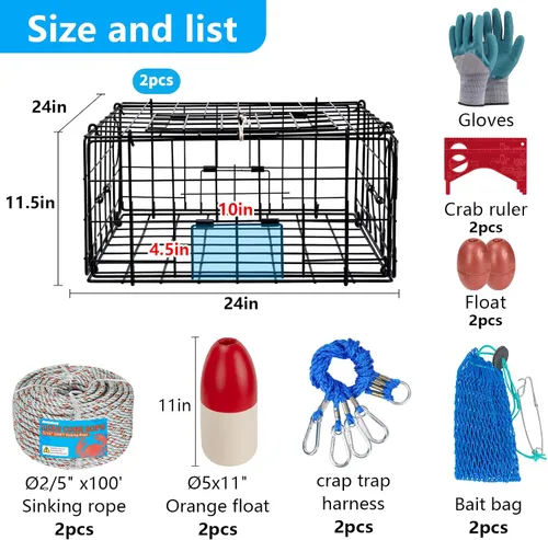 Vista 5 de QualyQualy 2 Packs Foldable Crab Trap 24", Crab Bait Bag，Pacific Heavy Duty Steel Crap Cage Kit with Harness, 100’ Sinking Line, Easy Store & Carry