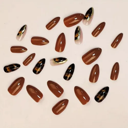 Vista 2 de Uñas postizas a presión de almendra marrón, medianas con diseños de leopardo y purpurina, uñas postizas en forma de almendra otoñal, uñas acrílicas