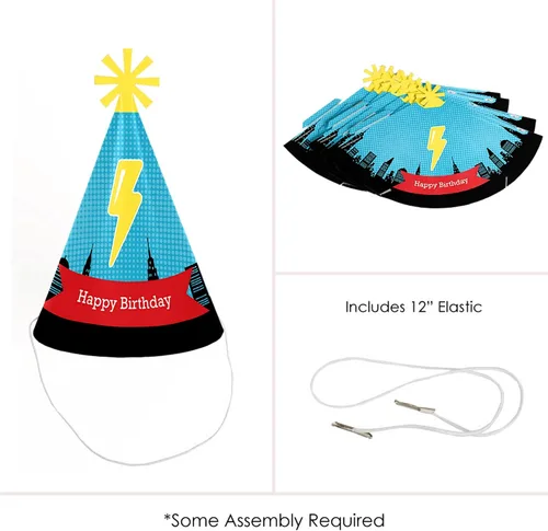 Vista 4 de Big Dot of Happiness Bam Superhero - Sombreros de fiesta de cumpleaños para niños y adultos - Juego de 8 (tamaño estándar)