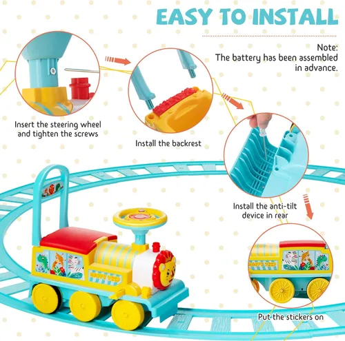 Vista 5 de GLACER Tren de paseo con 16 pistas para niños, juguete eléctrico con luces y sonidos, caja de almacenamiento debajo del asiento y pedales Azul