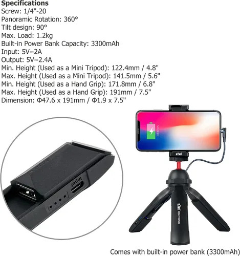 Vista 6 de Vlog - Mini trípode de mano con cargador USB A integrado, trípode de mesa para teléfono con cámara panorámica de 360° e inclinación de 90°