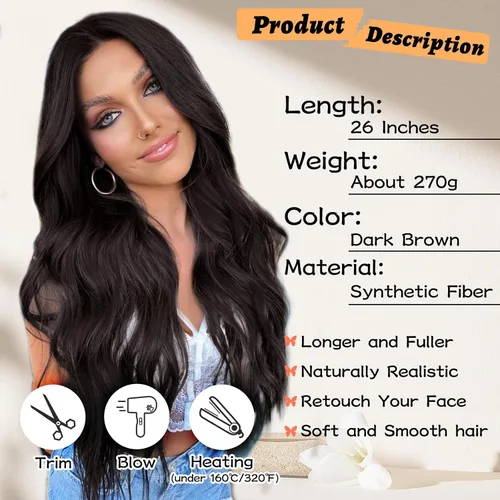 Vista 3 de Pelucas onduladas de color marrón oscuro para mujer, 26 pulgadas, parte