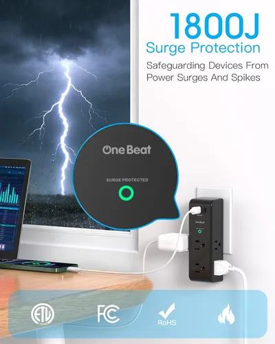 Vista 5 de Extensor de salida con protector de sobretensiones con enchufe giratorio, 6 tomas de corriente alterna con 3 puertos USB (2 USB C), cargador