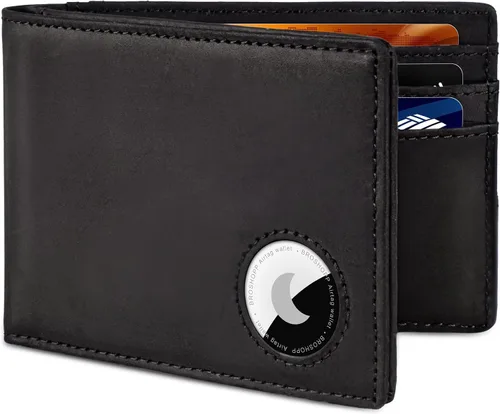 Vista 23 de Billetera AirTag para hombre, de piel auténtica plegable con bloqueo Rfid AirTag con ranuras para efectivo y ventana de identificación, compatible
