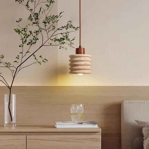 Vista 2 de Modern Solid Wood Hanging Lamp Vintage Yellow Travertine Pendant Lights Japanese Style Mini Cylinder Chandelier for Kitchen Island Dining Room Bar