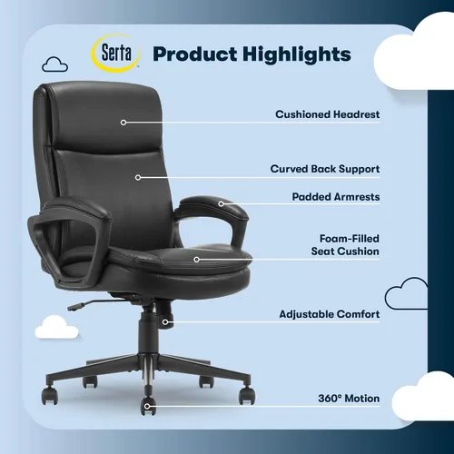 Vista 3 de Serta Comfort Ergo - Silla de oficina ejecutiva, diseño ergonómico de respaldo medio con soporte lumbar, cojín de asiento de doble capa semipelado