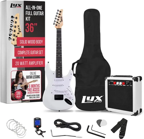 Vista 14 de LyxPro Guitarra eléctrica de 36 pulgadas y kit para niños con guitarra para principiantes de tamaño 3/4, amplificador, seis cuerdas, dos púas, Azul