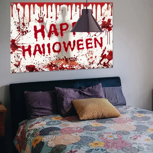 Vista 2 de Telón de fondo de Feliz Halloween, 70.87 x 43.31 pulgadas, decoración de fiesta aterradora, suministros de decoración para patio