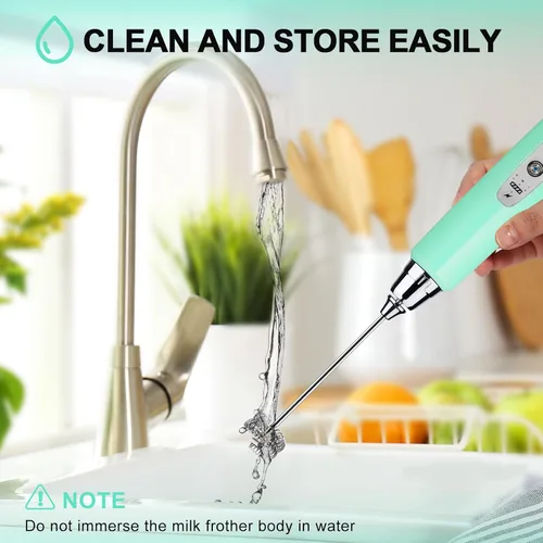 Vista 7 de YUSWKO Baby Blue - Varita espumadora de leche de mano para café, batidor eléctrico recargable con 3 cabezales, 3 velocidades, mezclador de bebidas