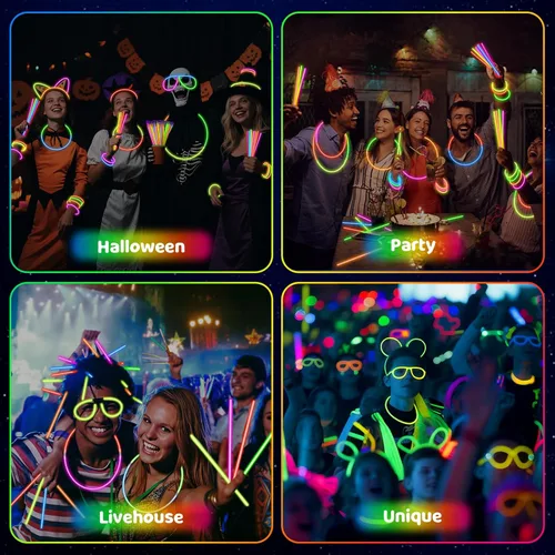 Vista 3 de Mega-L Glow Sticks suministros de fiesta, recuerdos de fiesta que brillan en la oscuridad, 100 collares ultra brillantes de 8 pulgadas y pulseras