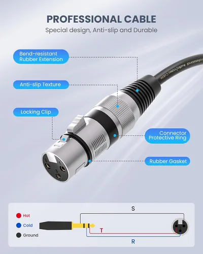 Vista 4 de Tisino Cable de micrófono de XLR hembra a TRS de 1/4'', conector estéreo de 6.35mm a XLR hembra de 3 pines cable de interconexión balanceado - 3.3FT